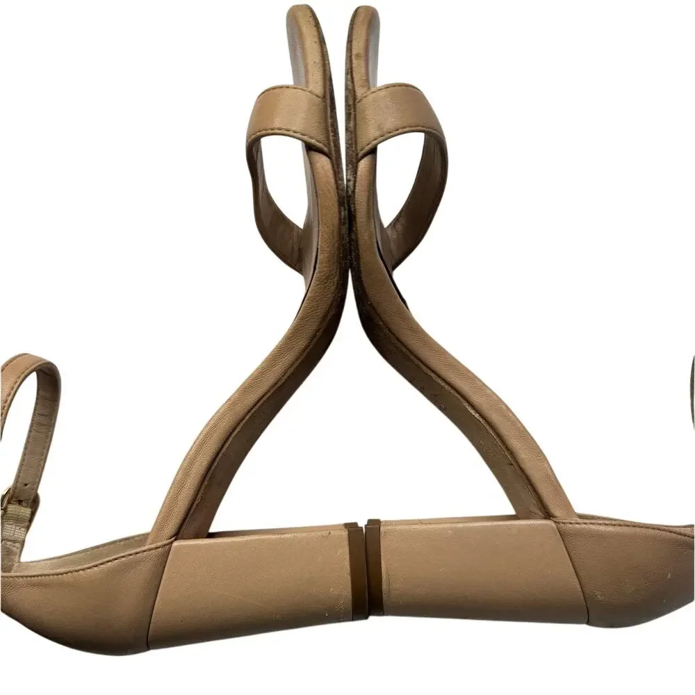 Stuart Weitzman Nude Leather Ankle Strap Block Heel Sandals 6 Flawed